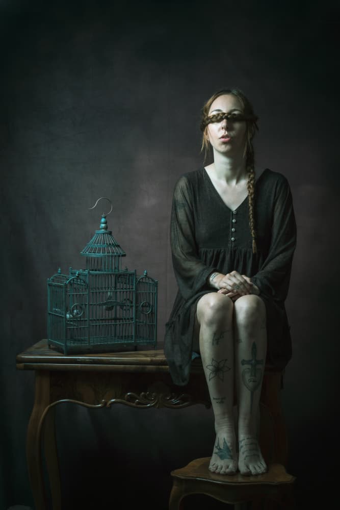 Blindfolded Woman with Birdcage by Ruth Franke — canvas wall art