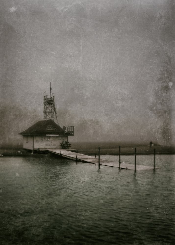 Misty Boathouse Tower by The Learning Curve Photography — canvas wall art