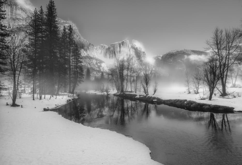 Misty Winter River Valley by April Xie — canvas wall art