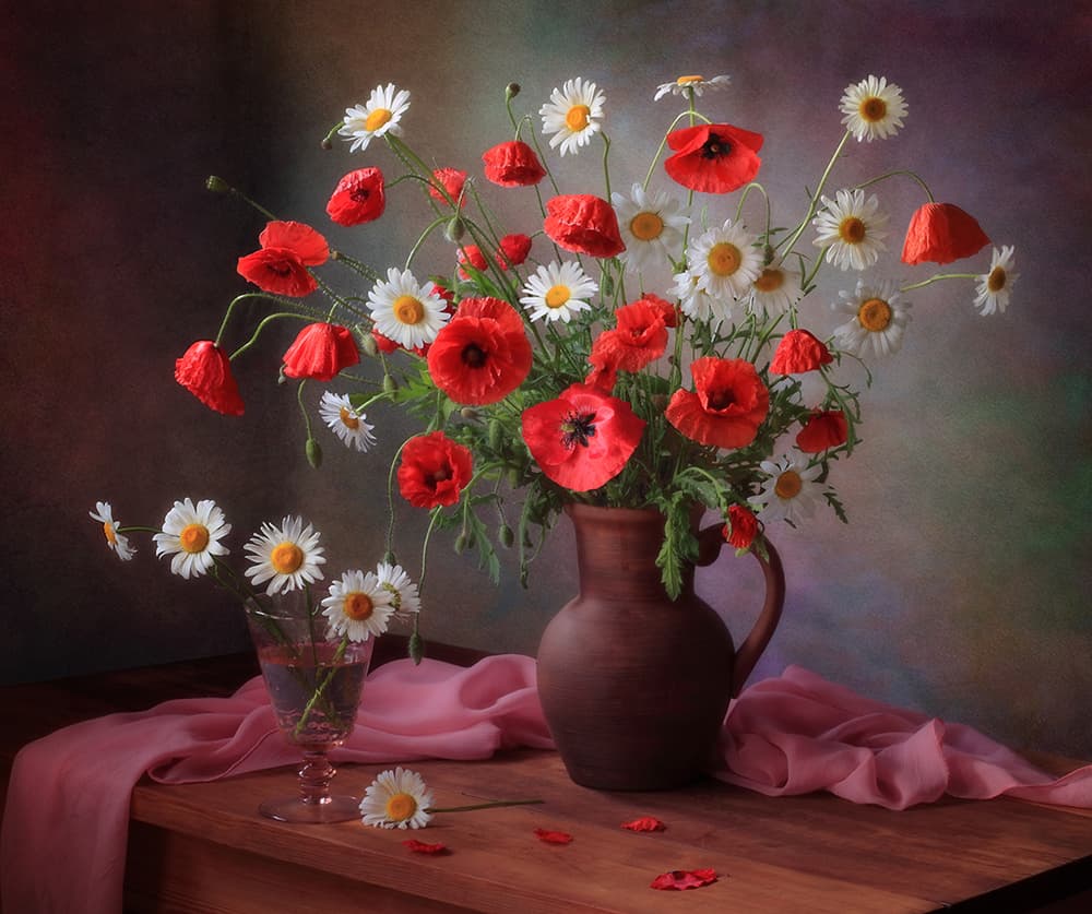 Rustic Poppy Daisy Bouquet by Tatyana Skorokhod — canvas wall art