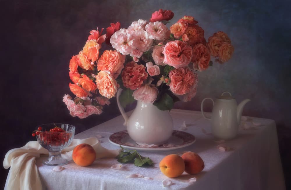 Peaches and Garden Roses by Tatyana Skorokhod — canvas wall art