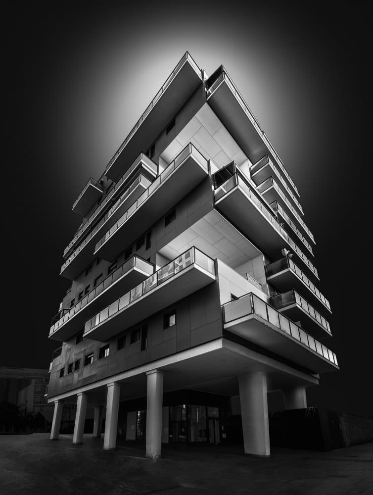 Geometric Building Night by Antoni Figueras — canvas wall art