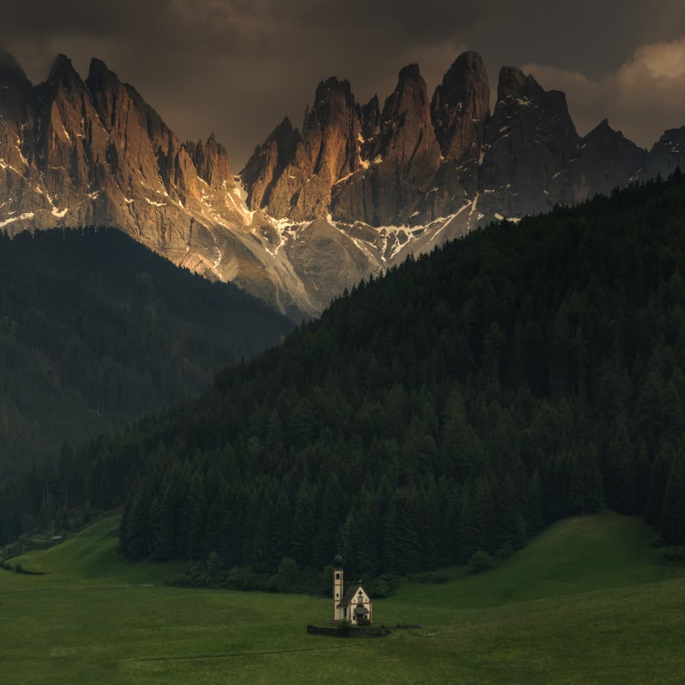 Dolomites Mountain Church by Karol Nienartowicz — canvas wall art
