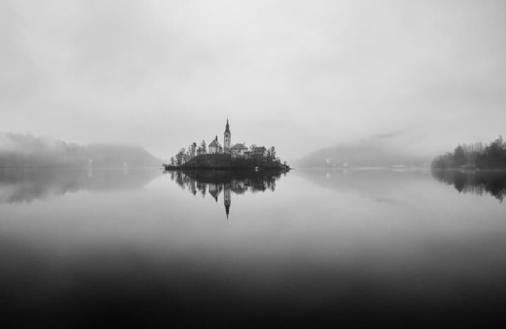 Misty Island Reflection by Jenny Qiu — canvas wall art