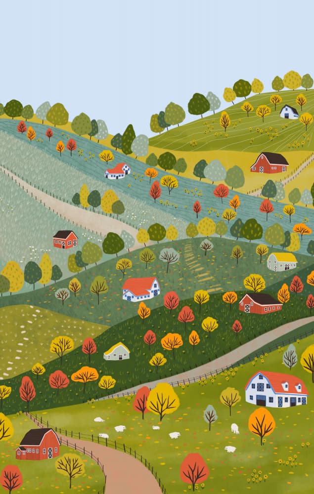 Vibrant Autumn Village Hills by Ceyda Alasar — canvas wall art
