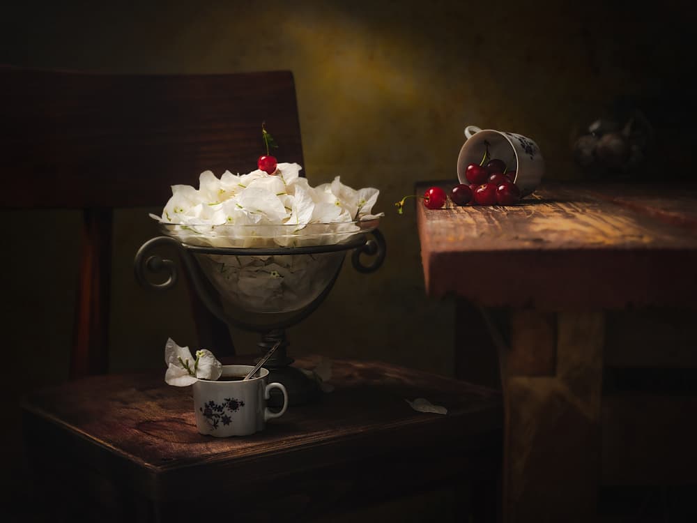 Elegant Still Life with Cherries by Vadim Kulinsky — canvas wall art