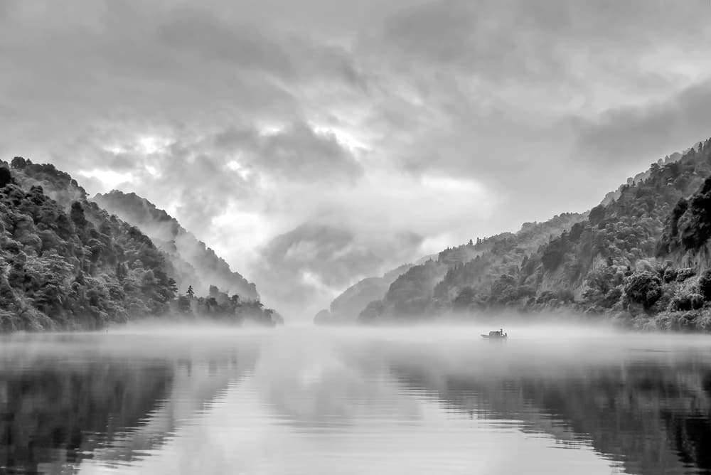 Misty Mountain Lake Boat by Hua Zhu — canvas wall art