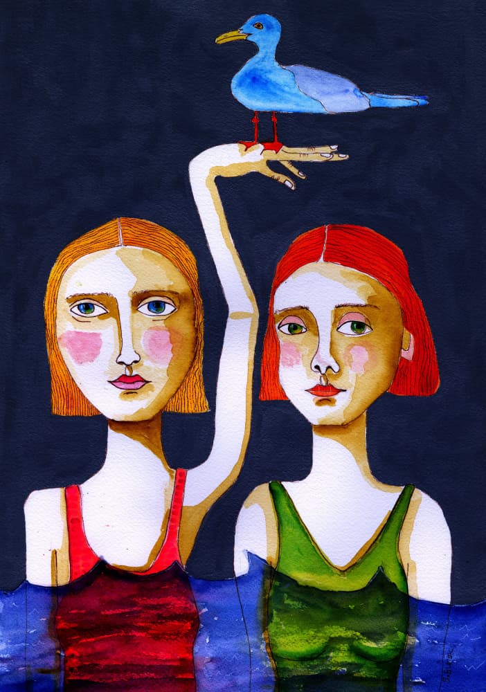 Two Swimmers Blue Bird by Sharyn Bursic — canvas wall art