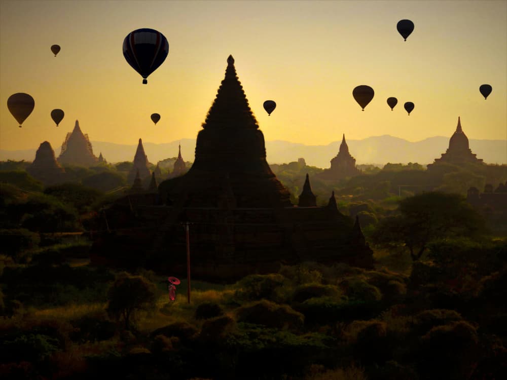 Bagan Temple Balloons Sunrise by Giorgio Pizzocaro — canvas wall art