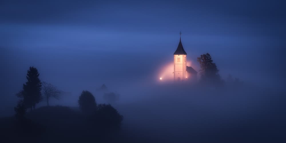 Misty Night Church by Daniel Gastager — canvas wall art