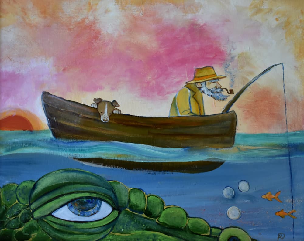 Fisherman Dog and Crocodile Eye by Andrea Doss — canvas wall art