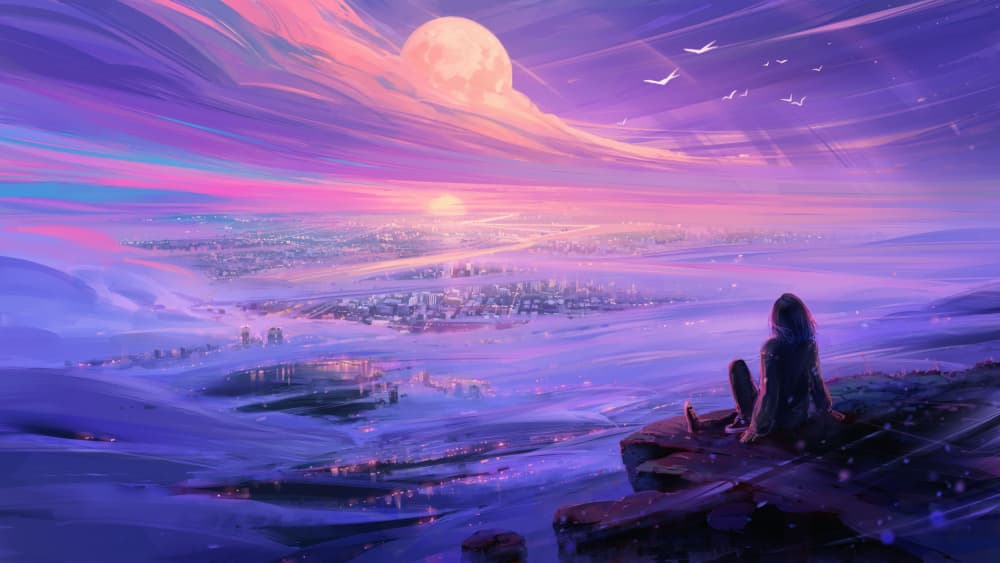 Girl Over Moonlit City by Alena Aenami — canvas wall art