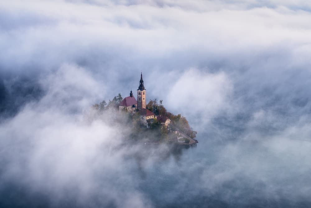 Misty Island Church by Daniel Gastager — canvas wall art