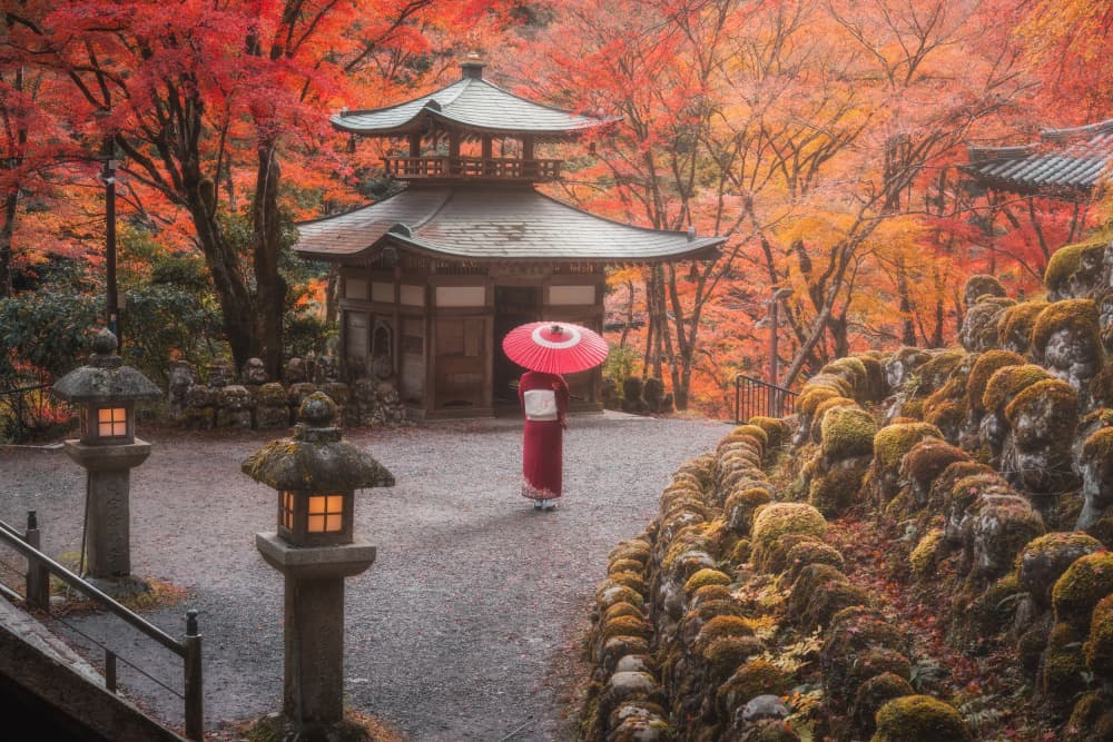 Red Kimono Autumn Temple by Vu van quan — canvas wall art