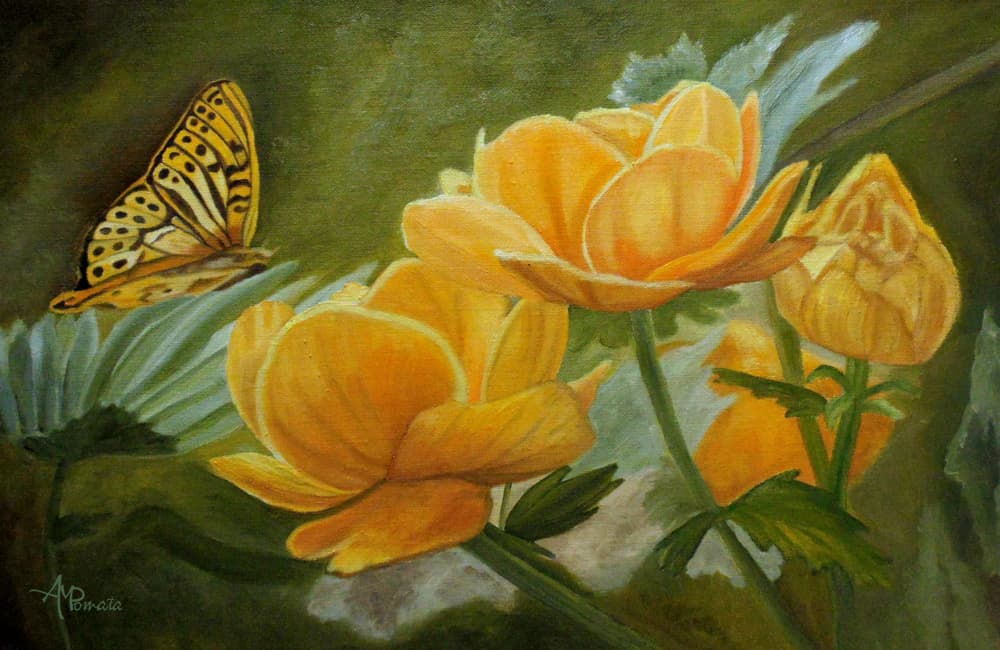 Golden Flowers Butterfly by Angeles M. Pomata — canvas wall art