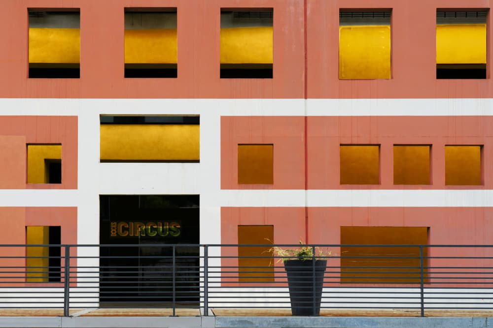 Geometric Building Yellow Windows by Luc Vangindertael (laGrange) — canvas wall art