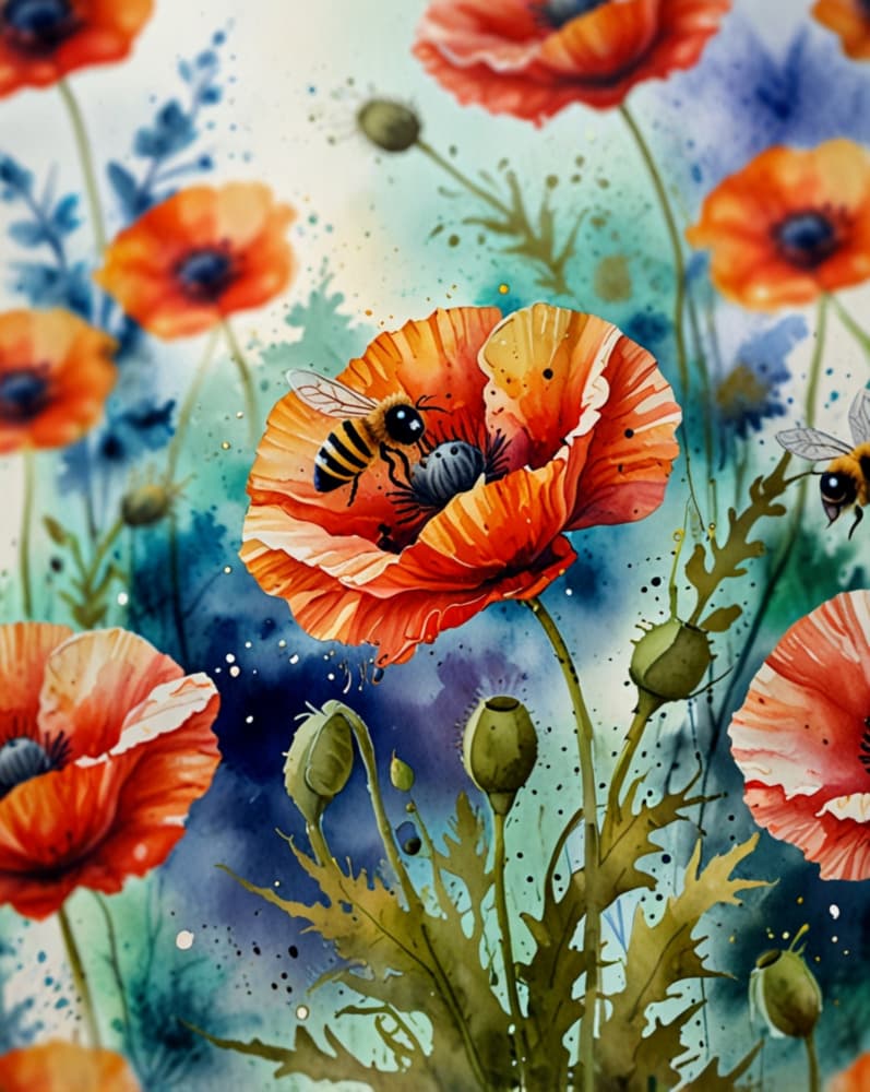 Vibrant Poppies and Bees by Anda Bieza — canvas wall art
