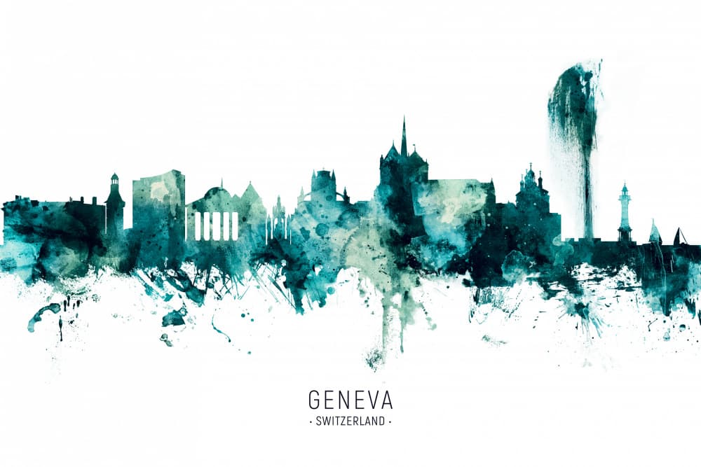 Watercolor Geneva Skyline by Michael Tompsett — canvas wall art