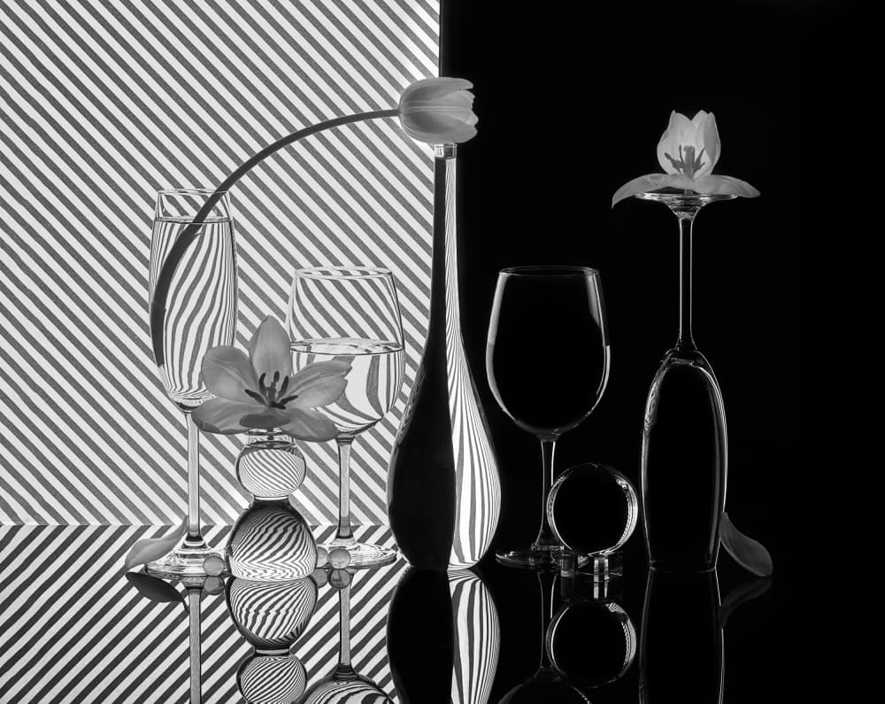 Tulips Glassware Striped Still Life by Alice Sheng — canvas wall art