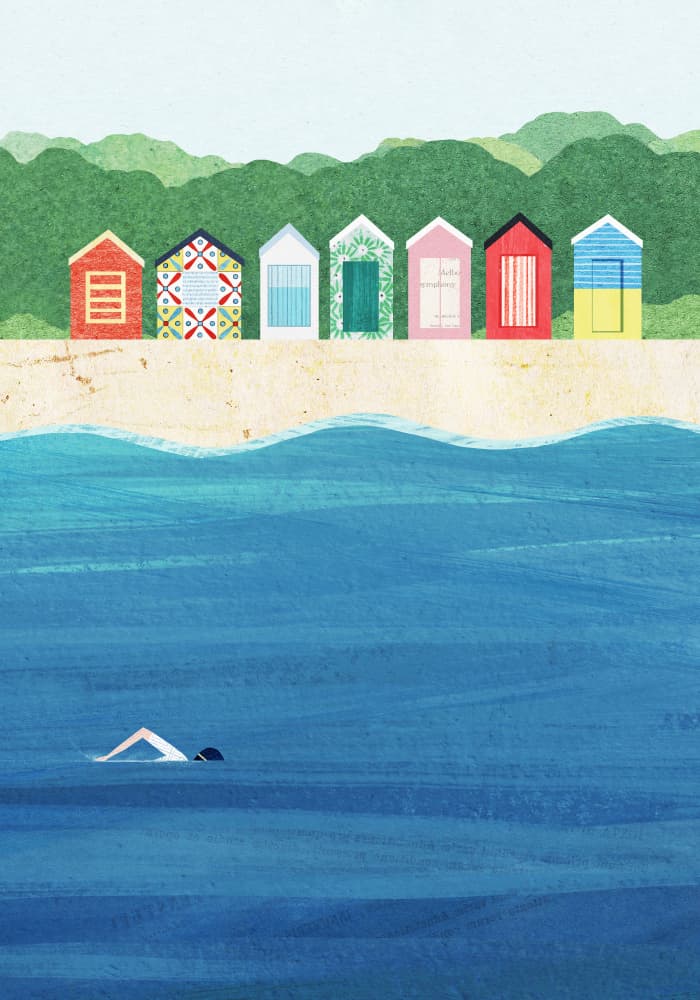 Colorful Beach Huts Ocean Swim by longwayhome — canvas wall art