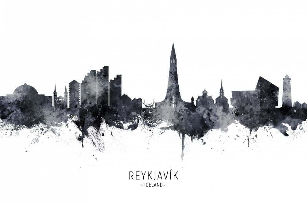 Reykjavik Skyline Watercolor by Michael Tompsett — canvas wall art