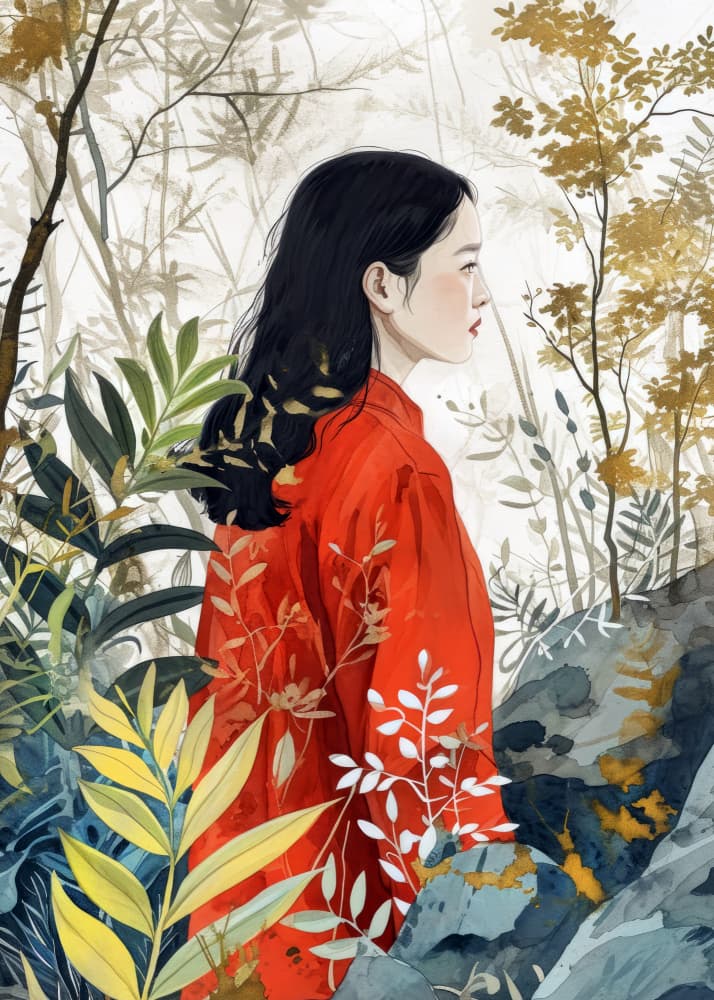 Serene Woman Red Forest by Justyna Jaszke — canvas wall art