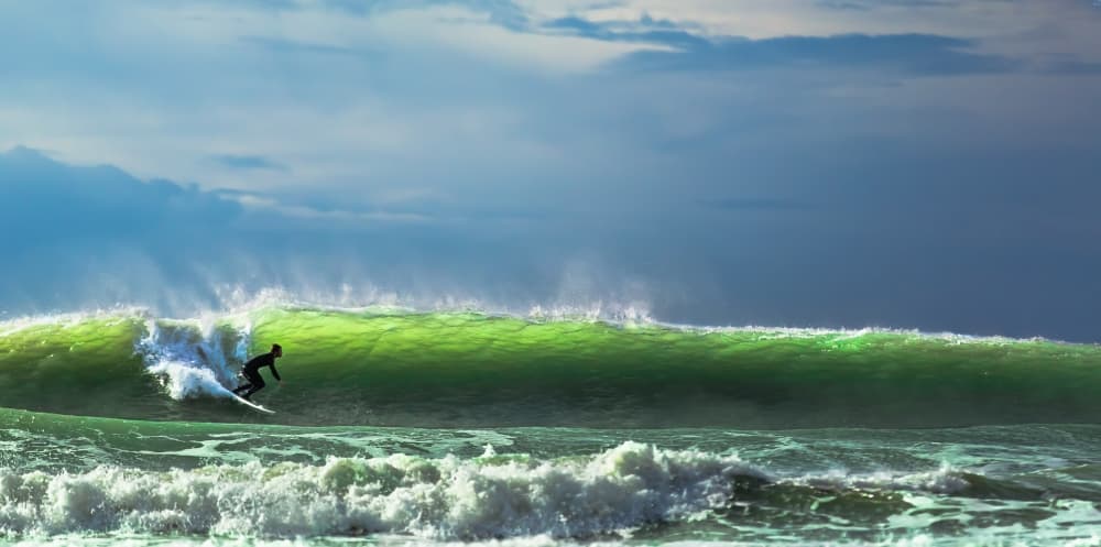 Surfer on Emerald Wave by Massimo Mei — canvas wall art