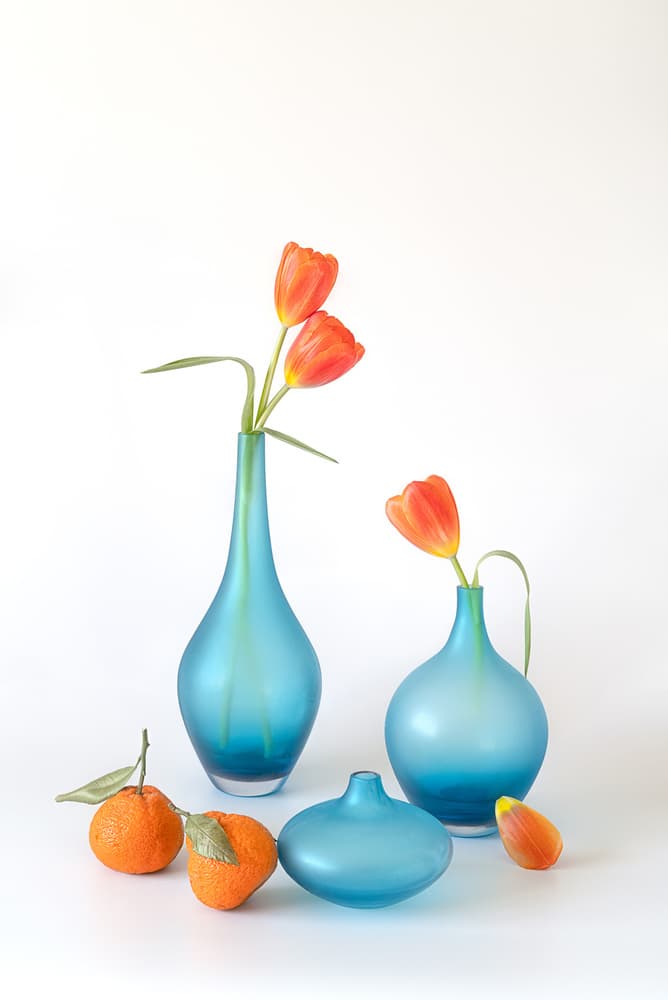 Orange Tulips Blue Vases by Lydia Jacobs — canvas wall art