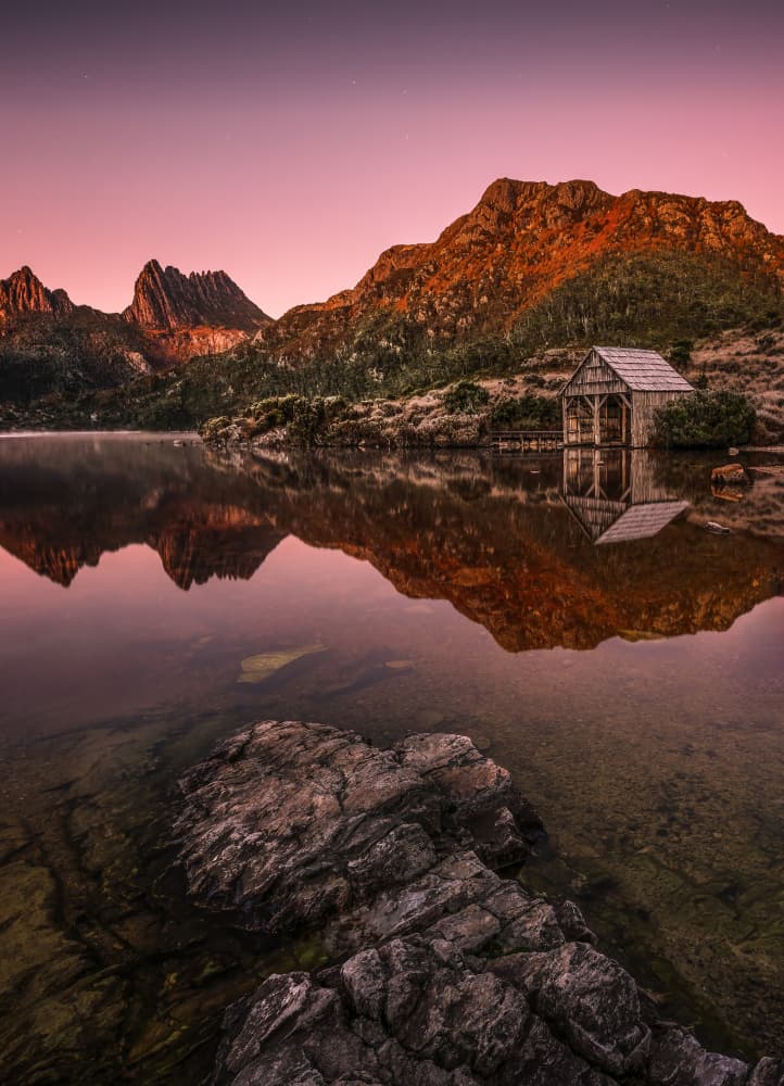 Pink Sky Lake Boathouse by Raimondo Restelli — canvas wall art