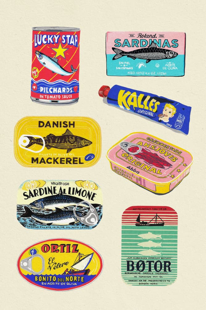 Vintage Seafood Cans by Studio Mandariini — canvas wall art