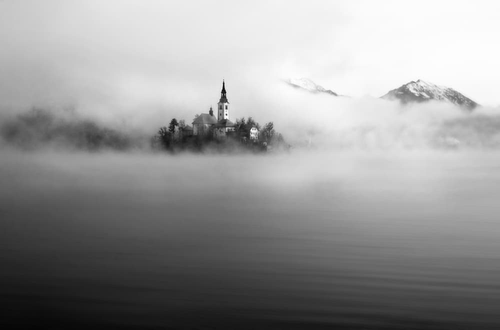 Misty Island Church by Drago Vogrinec — canvas wall art