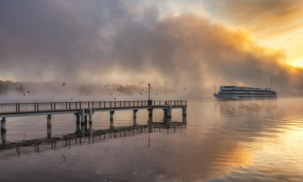 Sunrise Ship On Misty Lake by Vasil Nanev — canvas wall art