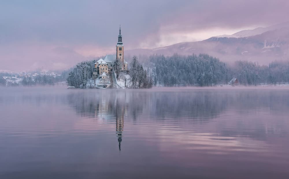 Misty Winter Lake Bled by Ales Krivec — canvas wall art
