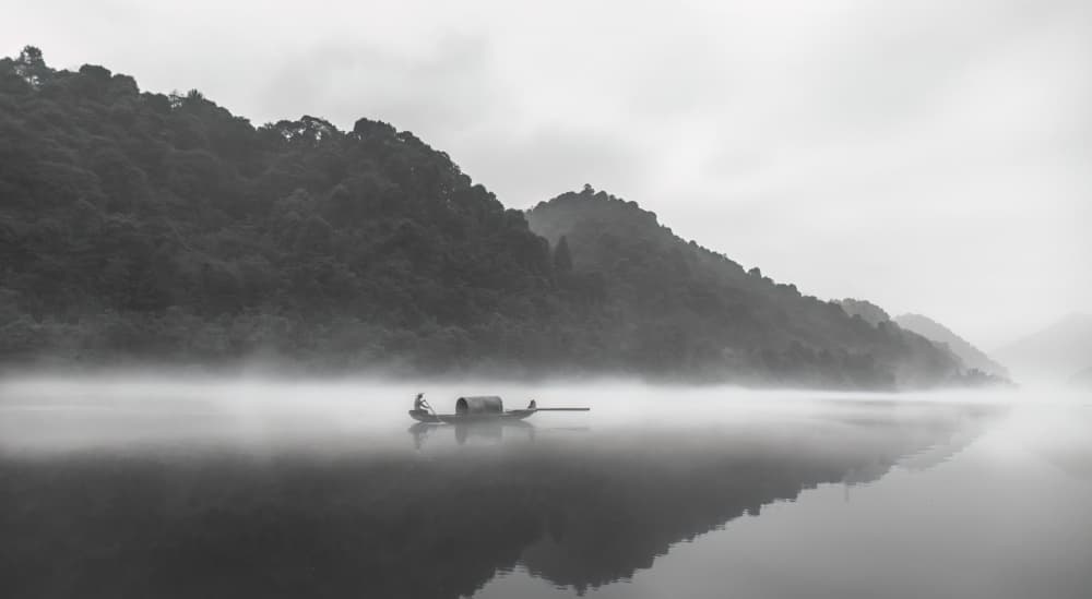 Misty Lake Lone Boat by Jie Jin — canvas wall art