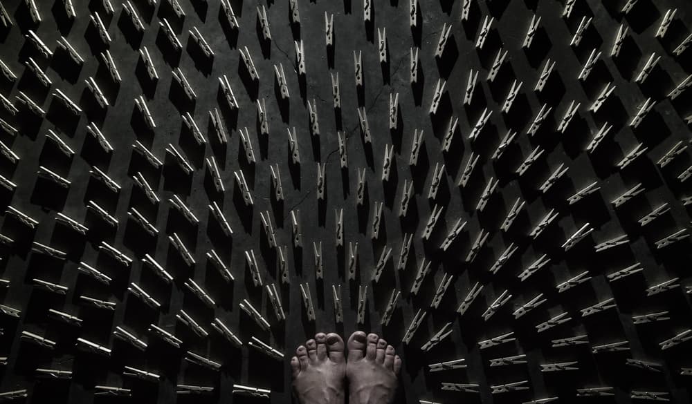 Bare Feet Clothespin Pattern by Mike Melnotte — canvas wall art