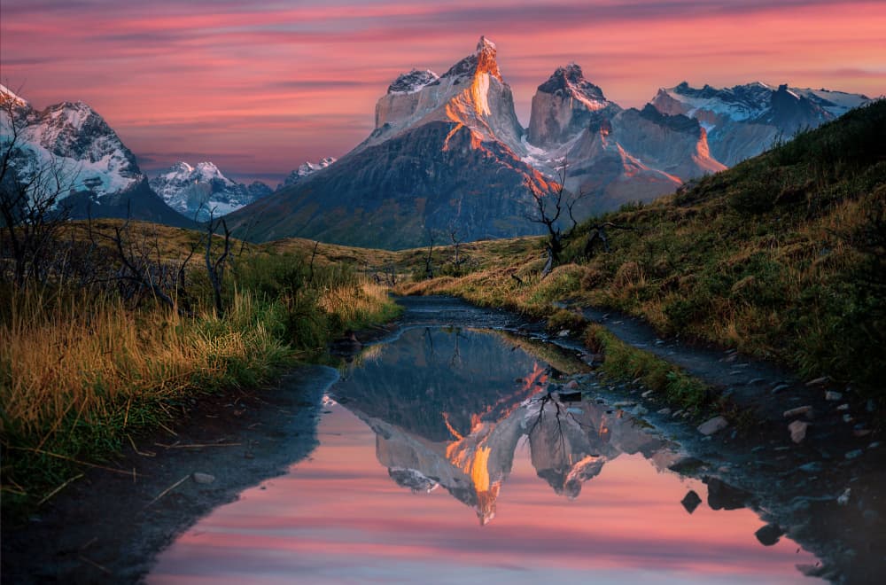 Pink Sky Mountain Reflection by Jie Jin — canvas wall art