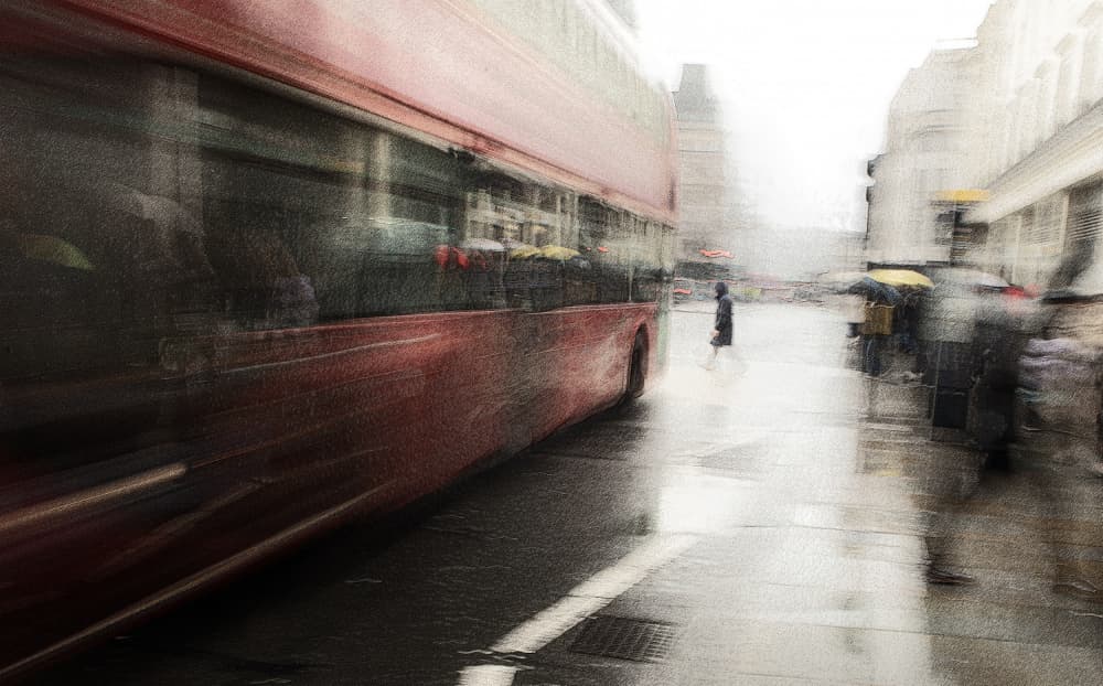 Rainy City Bus by Amer Jassim — canvas wall art