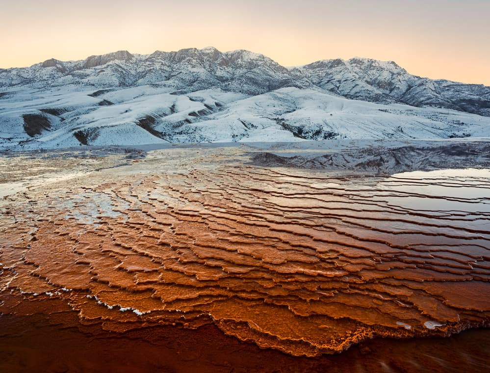 Snow Mountains Orange Terraces by Majid Behzad — canvas wall art