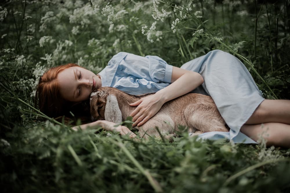 Serene Girl and Goat by Olga Barantseva — canvas wall art