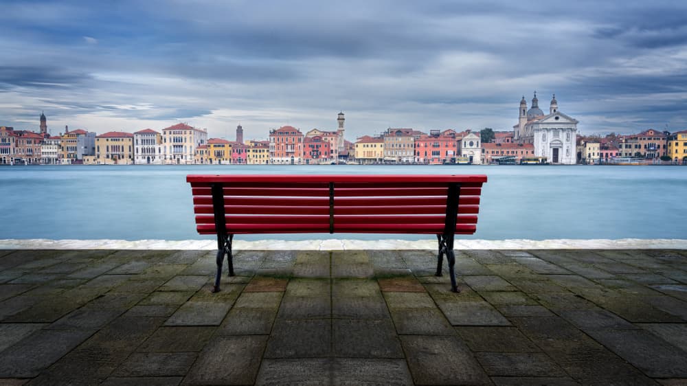 Red Bench Venice Waterfront by iso66 — canvas wall art