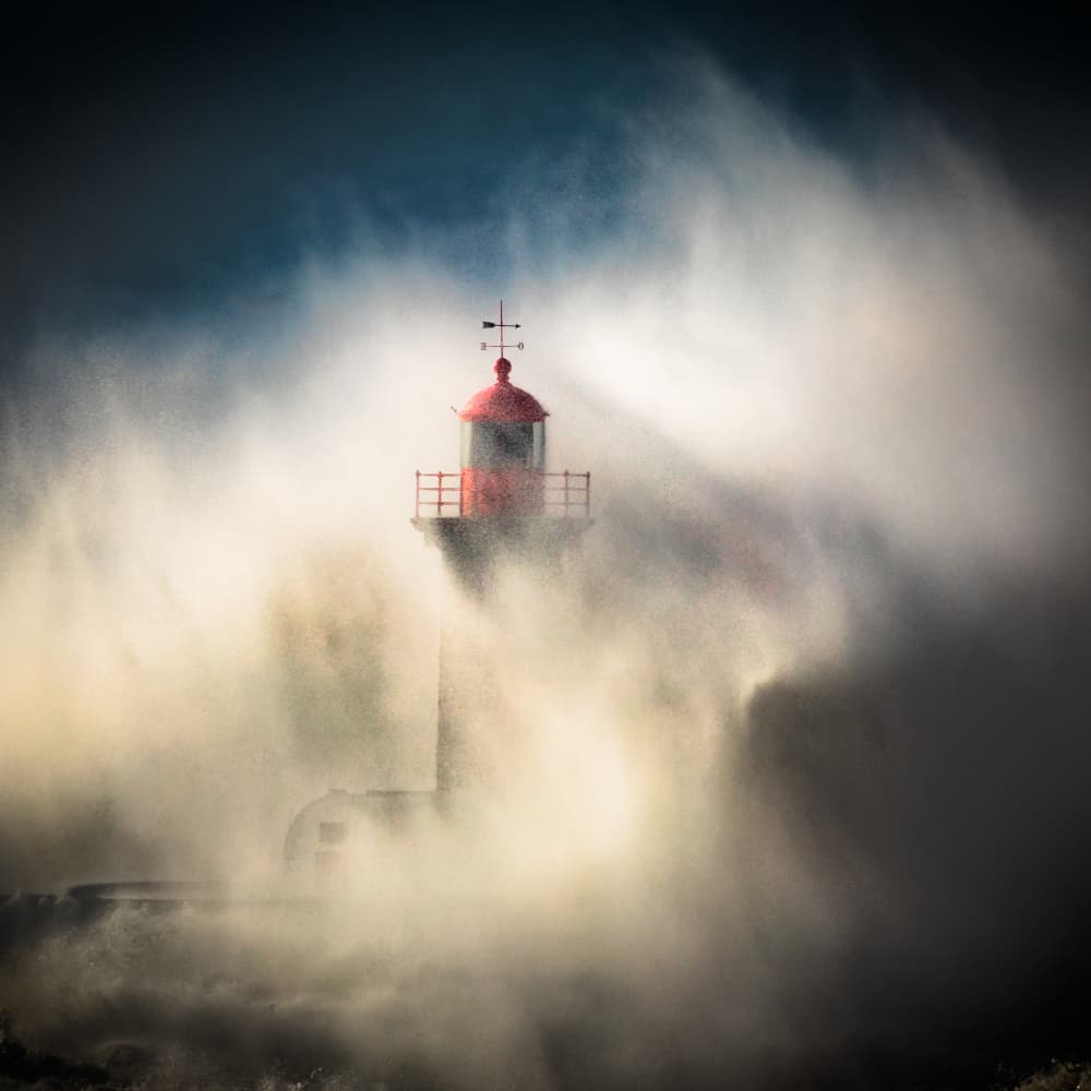 Stormy Red Lighthouse by Marco Faria — canvas wall art