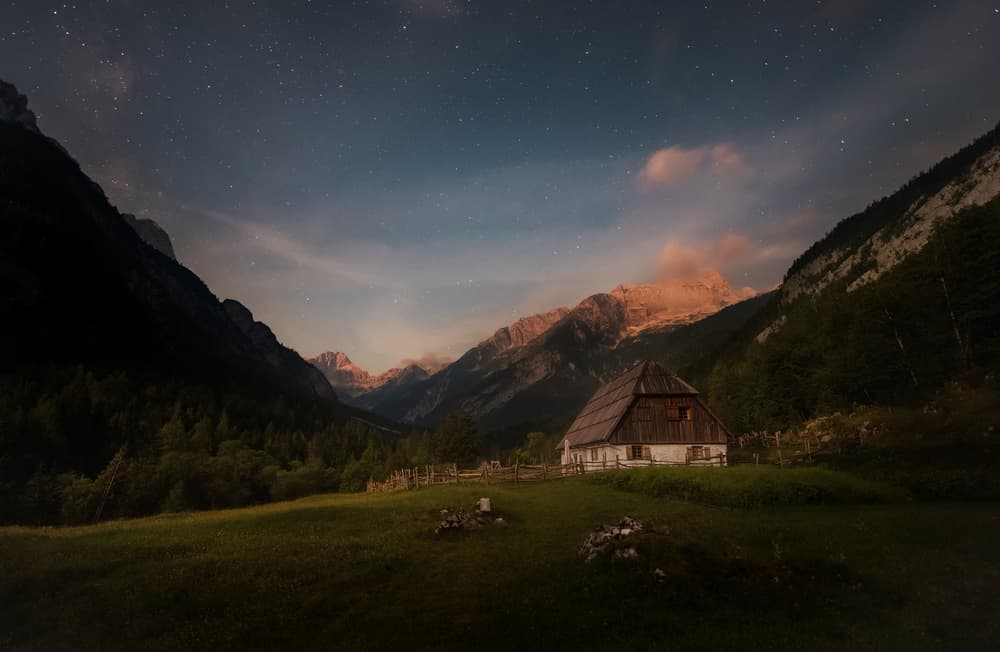 Starry Mountain Cabin by Ales Krivec — canvas wall art