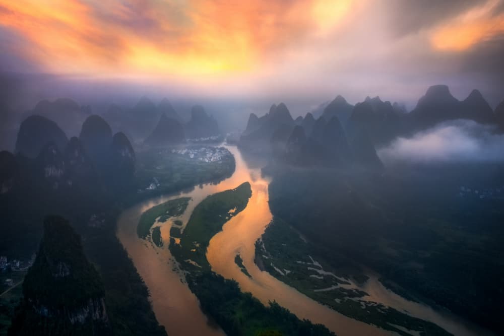 Misty Karst River Sunrise by Jianping Yang — canvas wall art