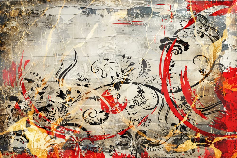 Red Gold Floral Grunge by Rafal Kulik — canvas wall art