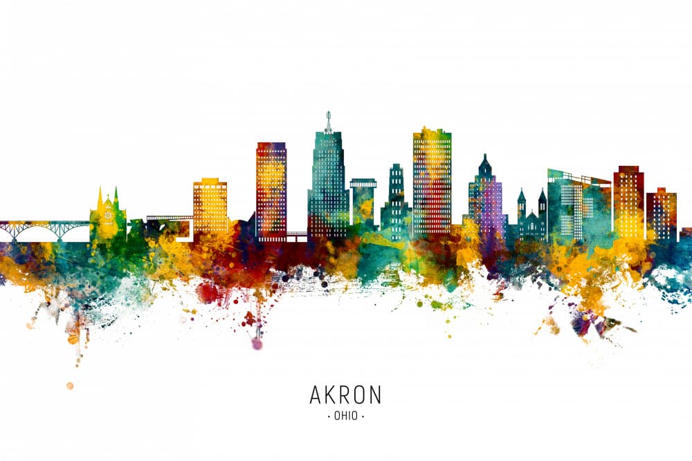 Vibrant Akron Ohio Skyline by Michael Tompsett — canvas wall art