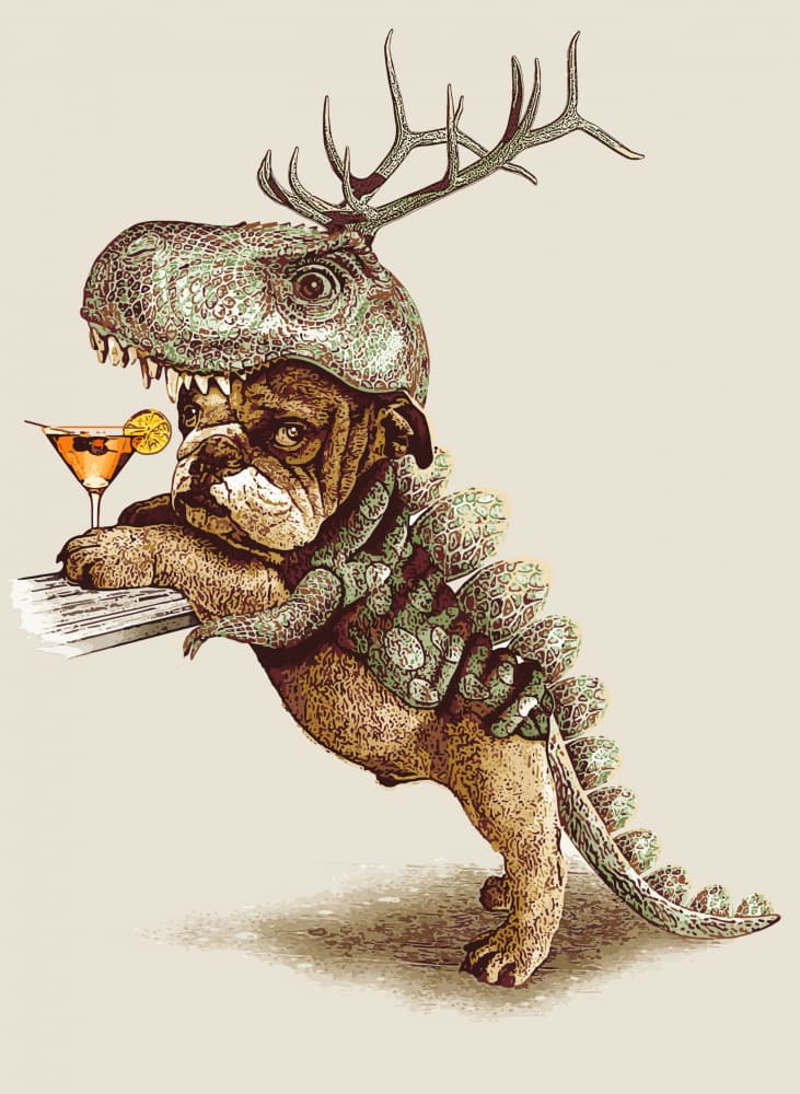 Bulldog Dinosaur Cocktail by Adam Lawless — canvas wall art