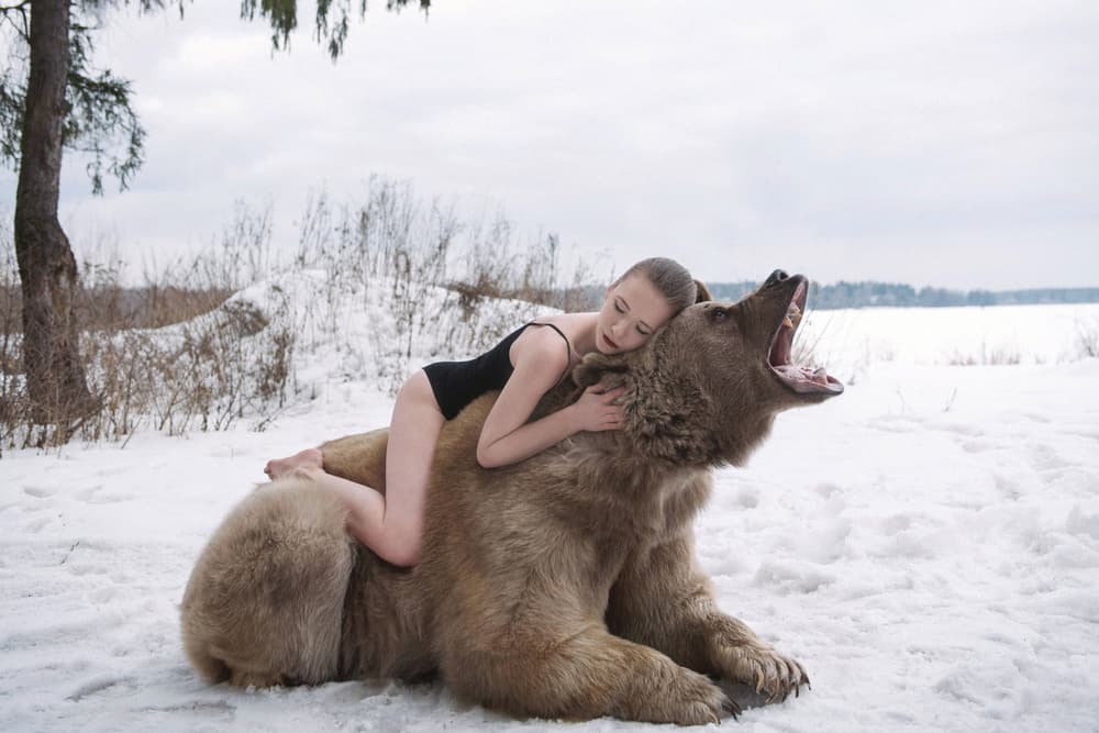 Woman Bear Winter Embrace by Olga Barantseva — canvas wall art