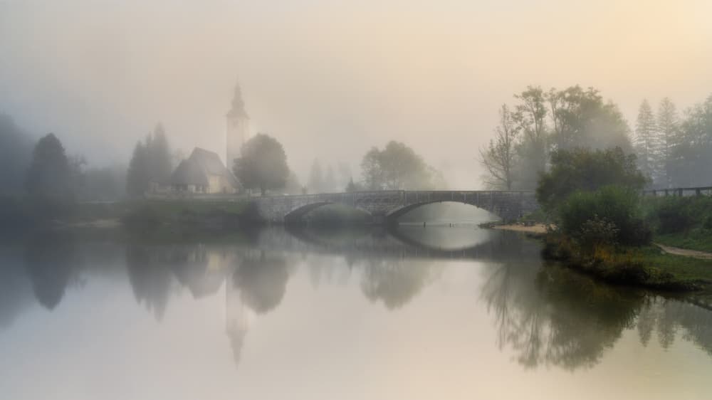 Misty Lake Church by Bor — canvas wall art