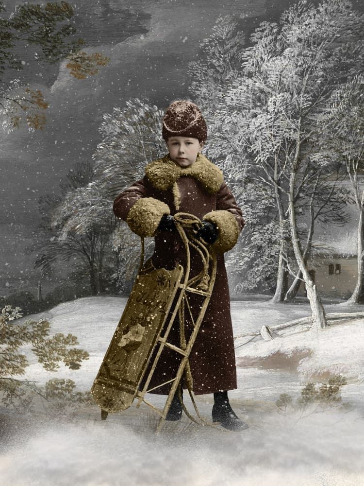 Winter Sledding Boy by Marja van den Hurk — canvas wall art