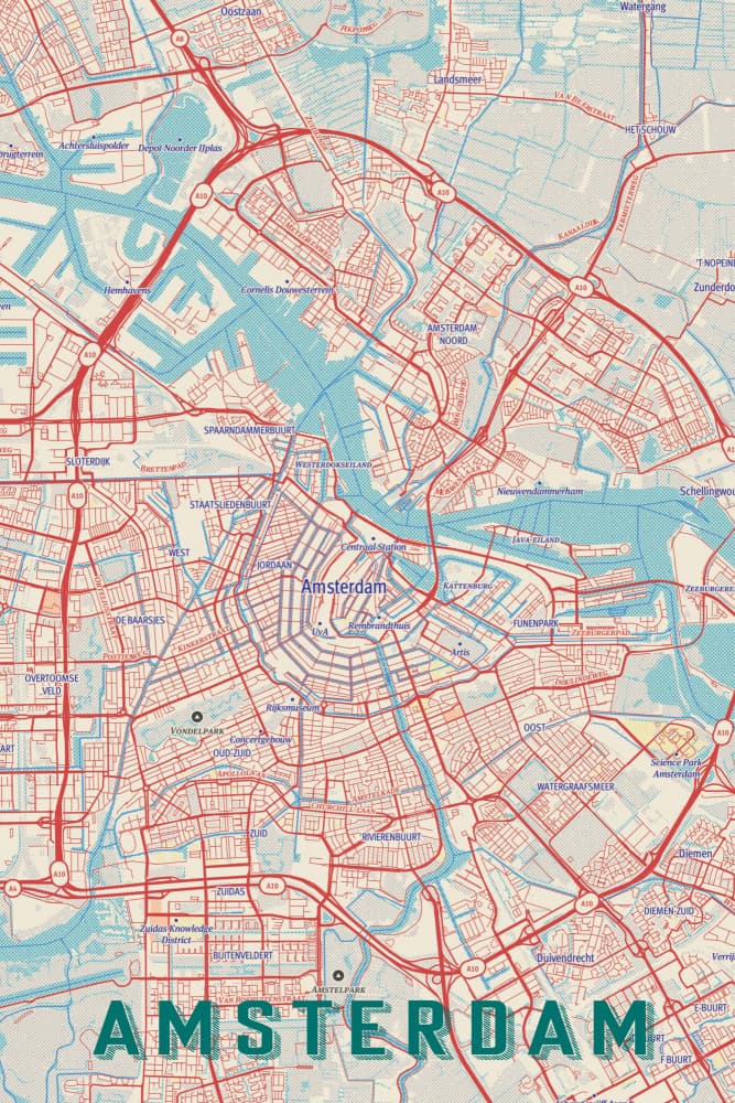 Stylized Amsterdam Map by jay stanley — canvas wall art